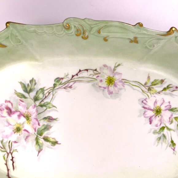 Vintage Limoges France Hand Painted Green Oval Serving Platter 16" * 10.5 " - Picture 3 of 7